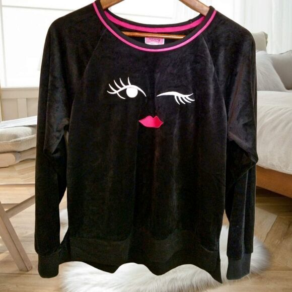 KATE SPADE VELOUR WINKY FACE AND LIPS BLACK VELVET SWEATER SWEATSHIRT LOUNGEWEAR - Picture 6 of 16